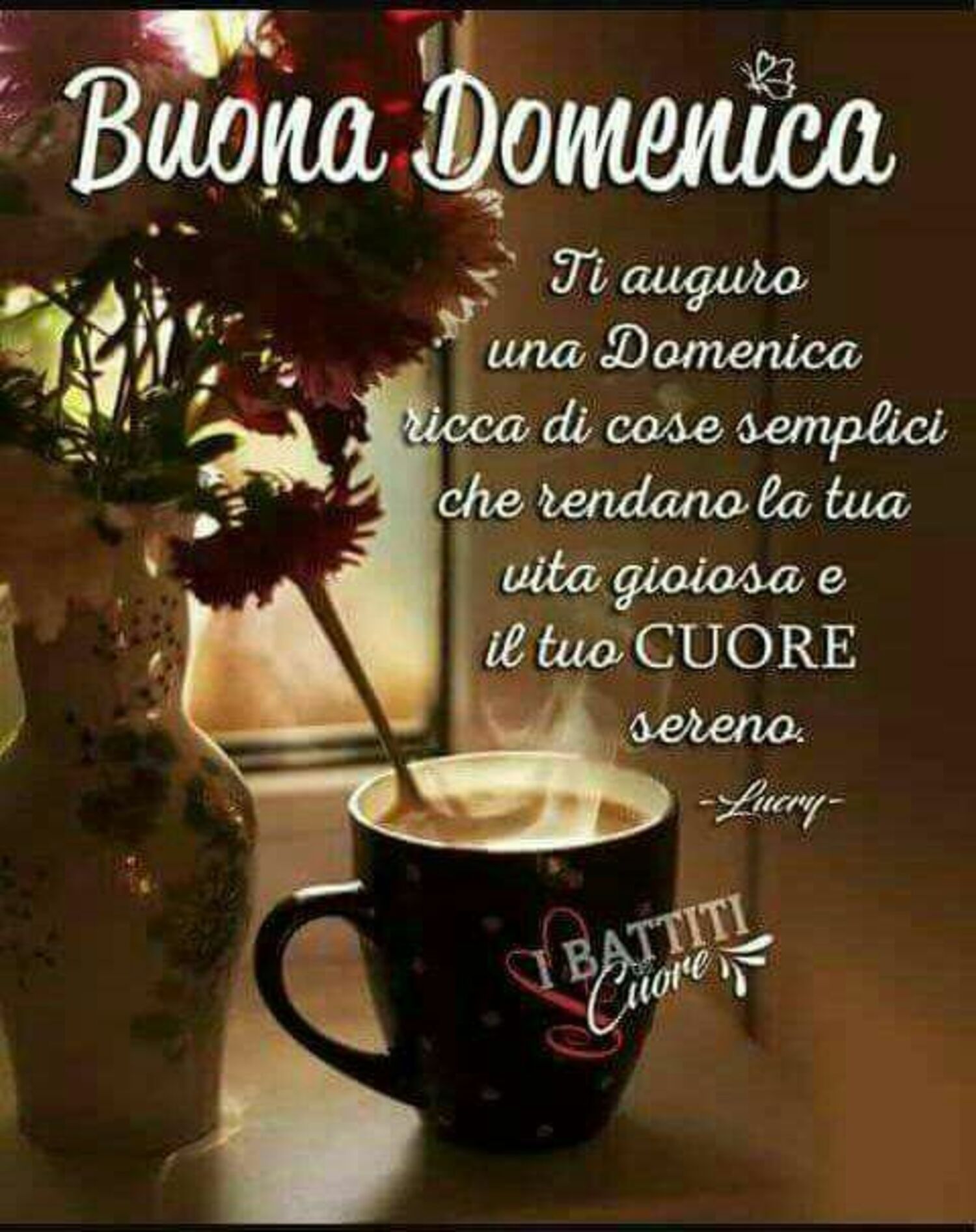 Buona Domenica ti auguro una Domenica ricca di cose semplici che rendono la tua vita gioiosa e il tuo cuore sereno