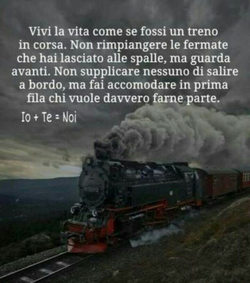 Vivi la vita come se fossi un treno in corsa. Non rimpiangere le fermate che hai lasciato alle spalle, ma guarda avanti. Non supplicare nemmeno di salire a bordo, ma fai accomodare in prima fila chi vuole davvero farne  parte