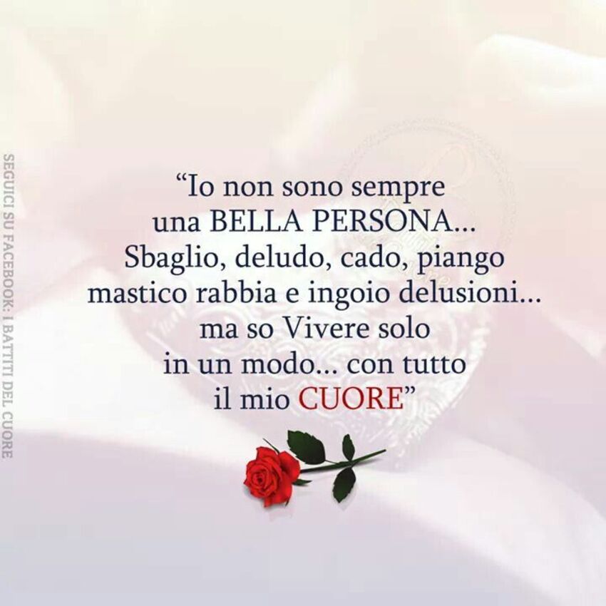 "Io non sono sempre una BELLA PERSONA...Sbaglio, deludo, cado, piango, mastico rabbia e ingoio delusioni...ma so Vivere solo in un modo...con  tutto il mio CUORE"