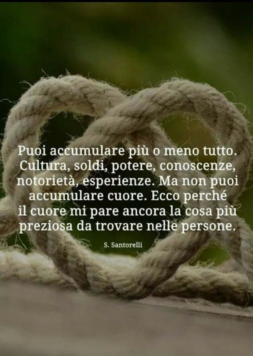 Puoi accumulare più o meno tutto. Cultura, soldi, potere, conoscenze, notorietà, esperienze. Ma non puoi accumulare cuore. Ecco perchè il cuore mi pare ancora la cosa più preziosa da trovare nelle persone.