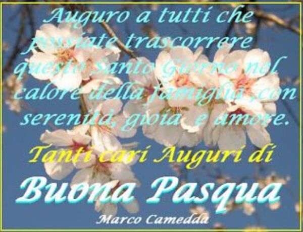 Auguro a tutti che possiate trascorrere questo Santo Giorno nel calore della famiglia, con serenità gioia e amore. Tantissimi auguri di buona Pasqua