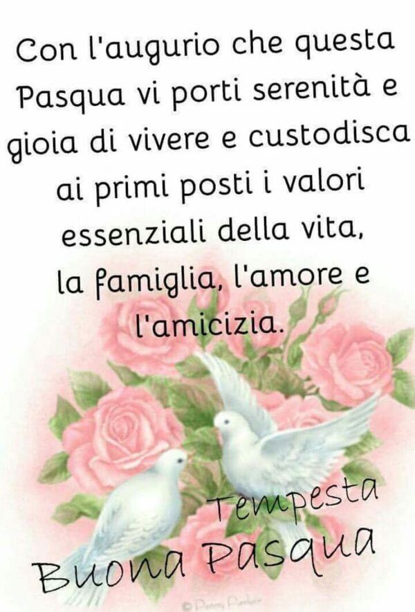 Con l'augurio che questa Pasqua vi porti serenità e gioia di vivere e custodisca ai primi posti i valori essenziali della vita, la famiglia, l'amore e l'amicizia. Buona Pasqua