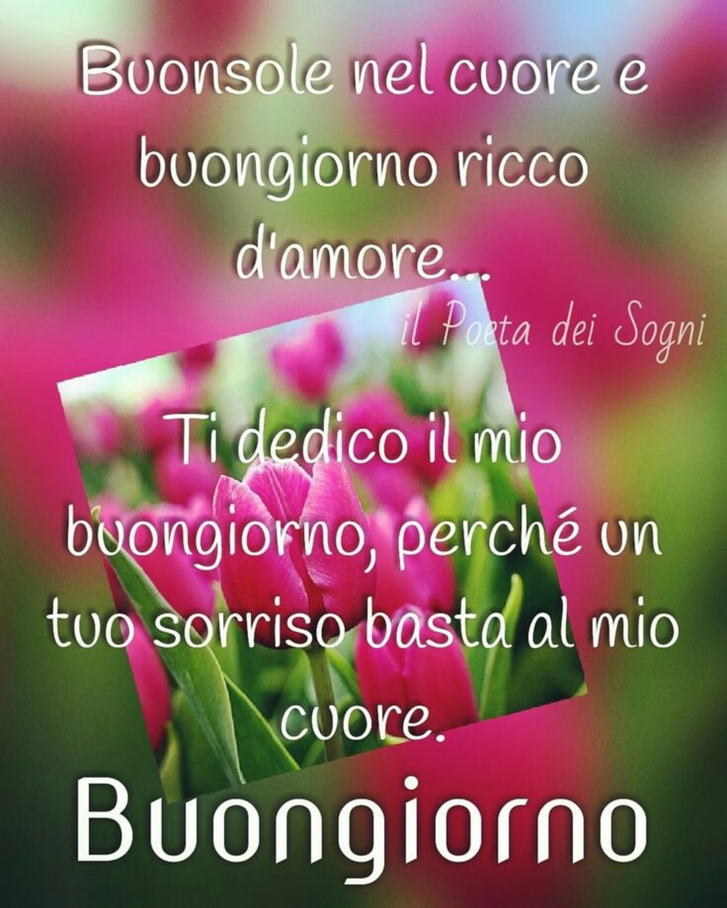 Buonsole nel cuore e buongiorno ricco d'amore...ti dedico il mio buongiorno, perchè un tuo sorriso basta al mio cuore. Buongiorno