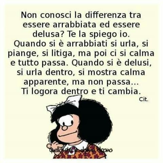 Non conosci la differenza tra essere arrabbiata ed essere delusa? te la spiego io. Quando si è arrabbiati si urla, si piange, si litiga, mapoi ci si calma e tutto passa. Quando si è delusi, si urla dentro, si mostra calma apparente, ma non passa...ti logora dentro e ti cambia.