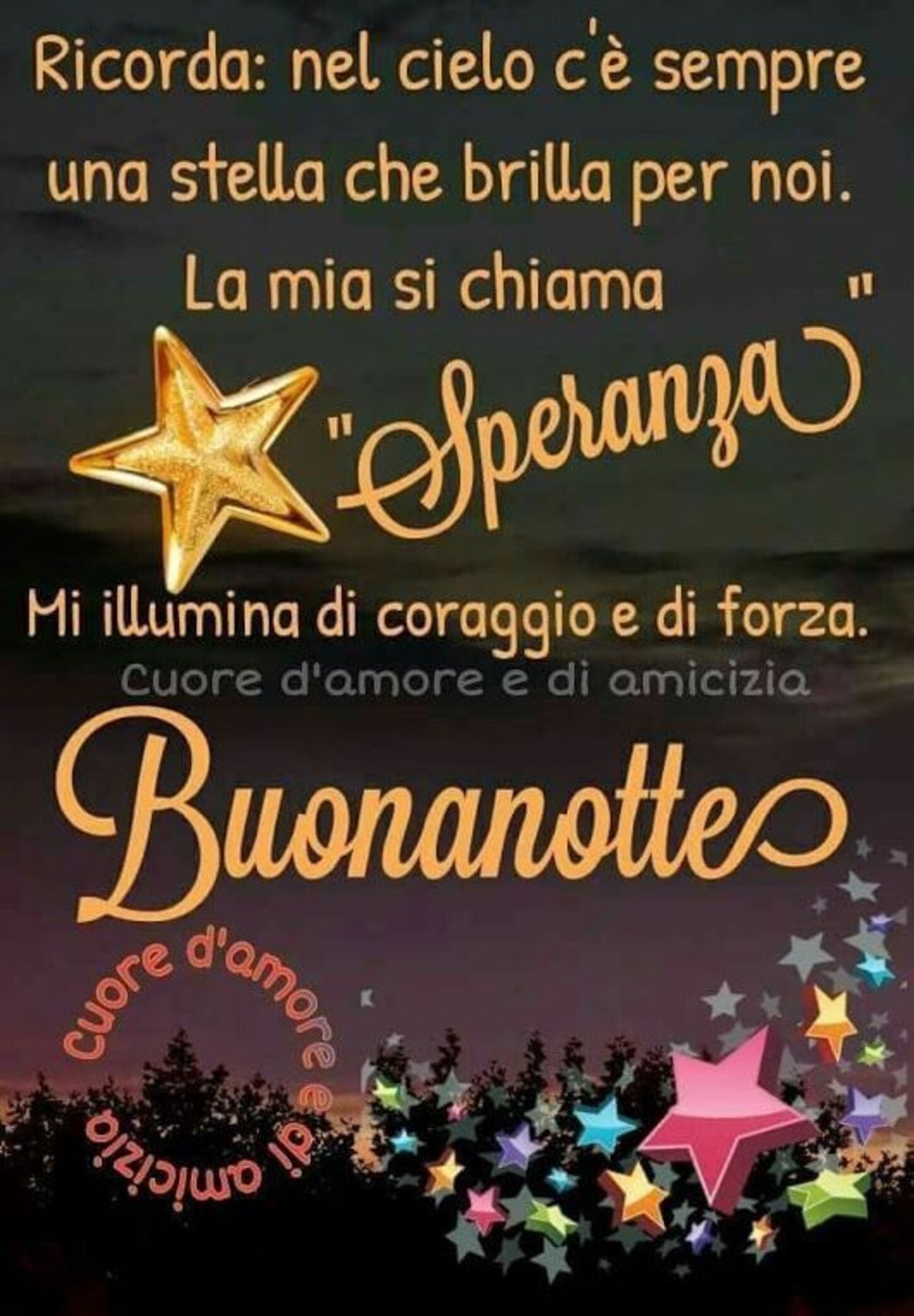 Ricorda: Nel cielo c'è sempre una stella che brilla per noi. La mia si chiama "Speranza". Mi illumina di Coraggio e di Forza. Buonanotte